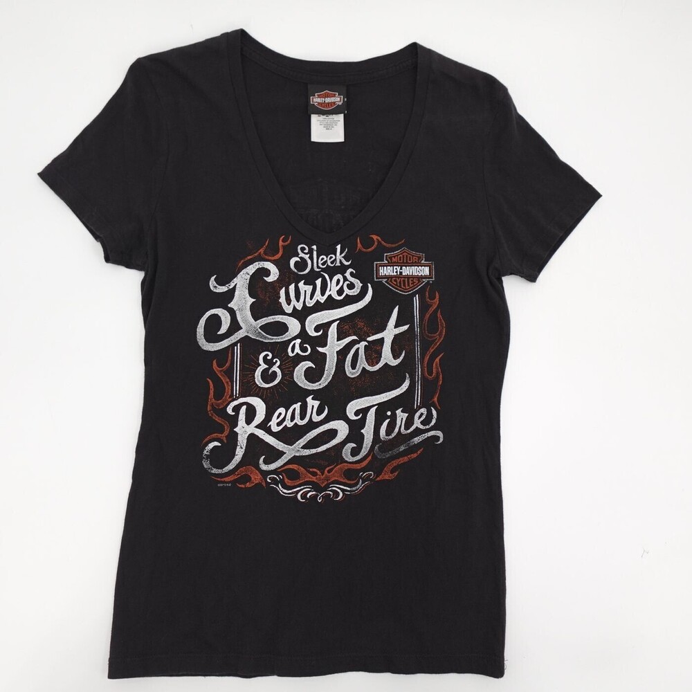 Harley-Davidson T-Shirt Womens Medium Black Graphic Sleek Curves Fat Rear Tire